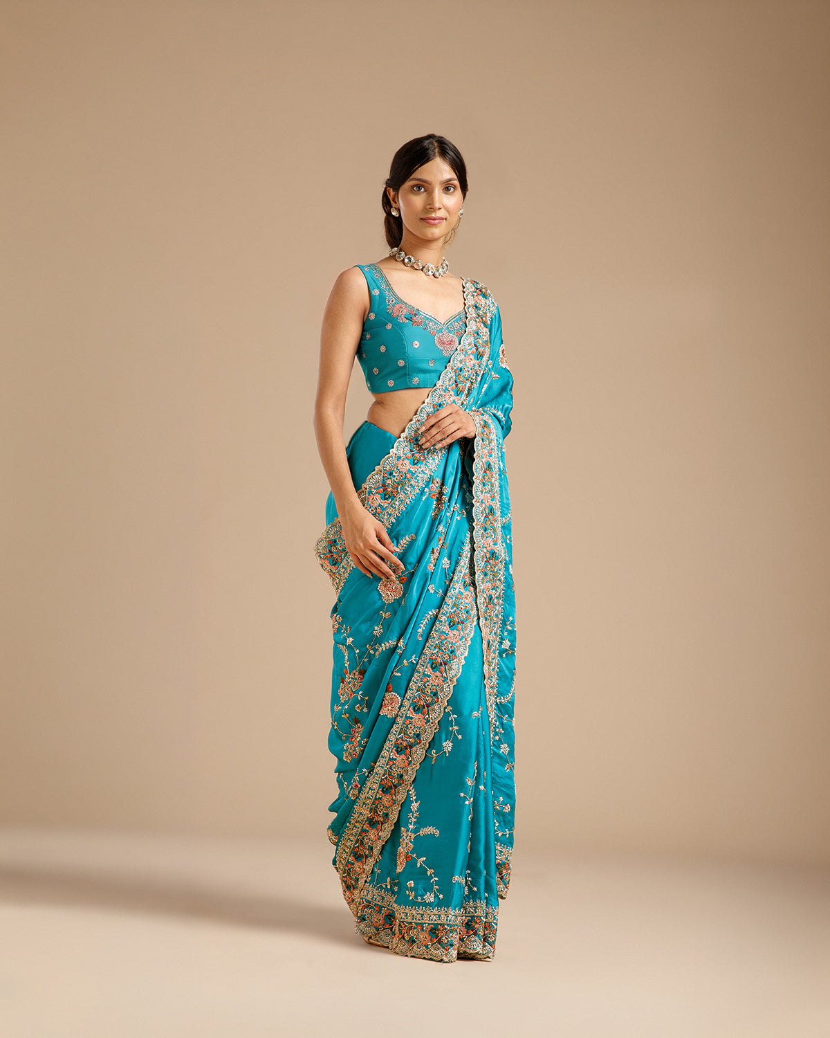 Firozi Satin Organza Saree with Beads, Nulki, Sequin, Moti, Resham & Zari Work
