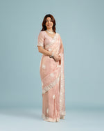 Light Pink Tissue Organza Saree with Resham, Sequence & Bead Work - House of Surya