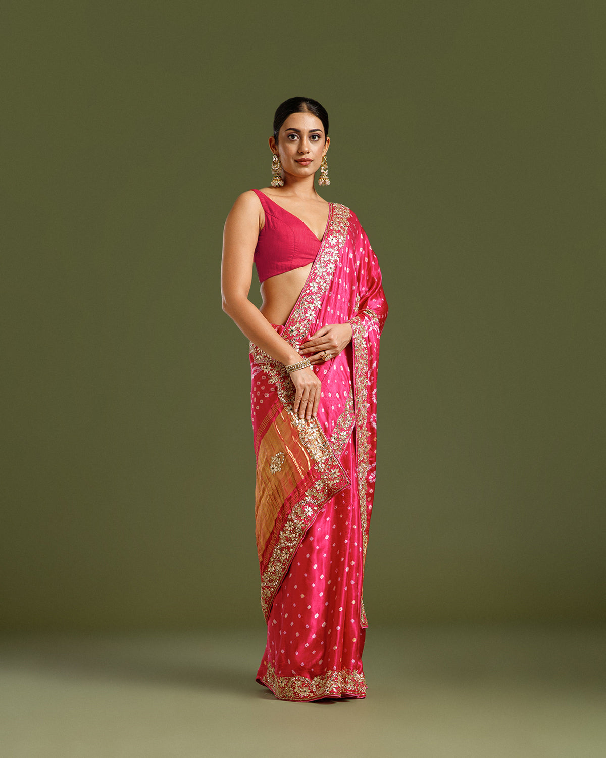 Magenta Pink Satin Crepe Saree with Nulki, Dabka & Gota Patti Work