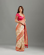 White Satin Silk Saree with Resham Meenakari Work - House of Surya