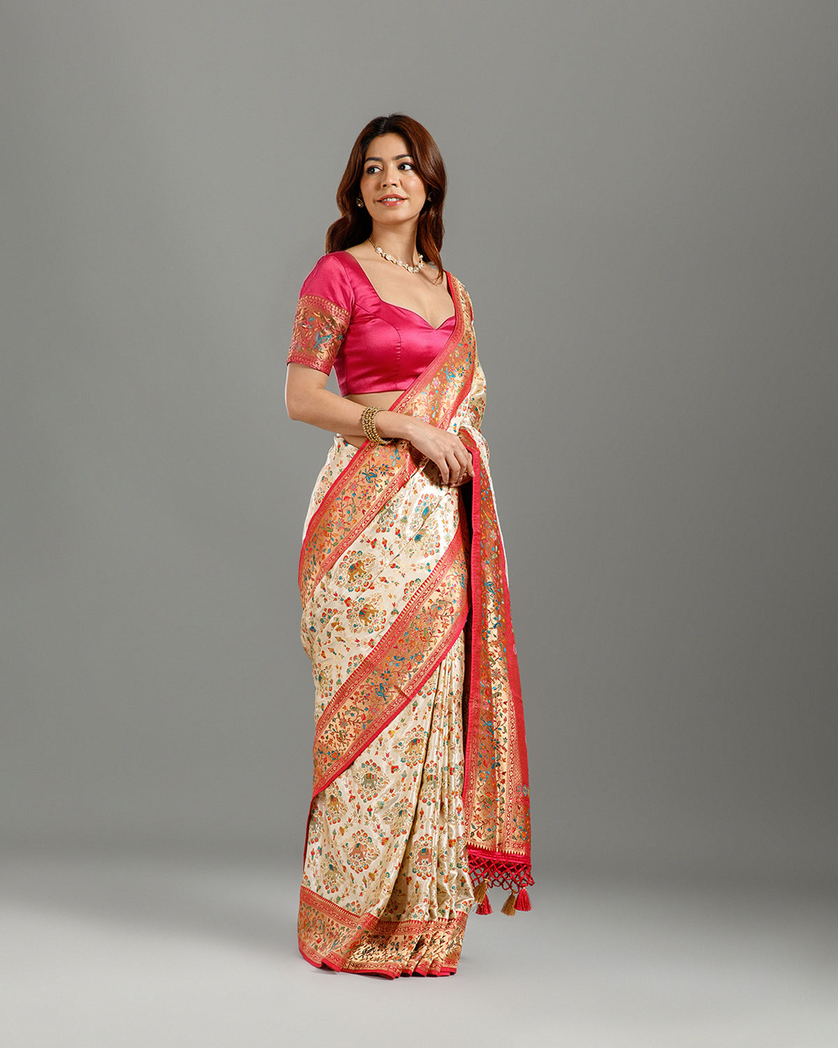 White Satin Silk Saree with Resham Meenakari Work - House of Surya