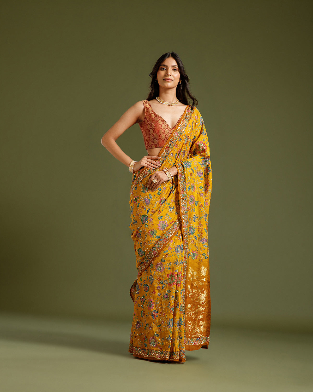 Mustard Maheshwari Silk Saree with Zari & Sequin Work