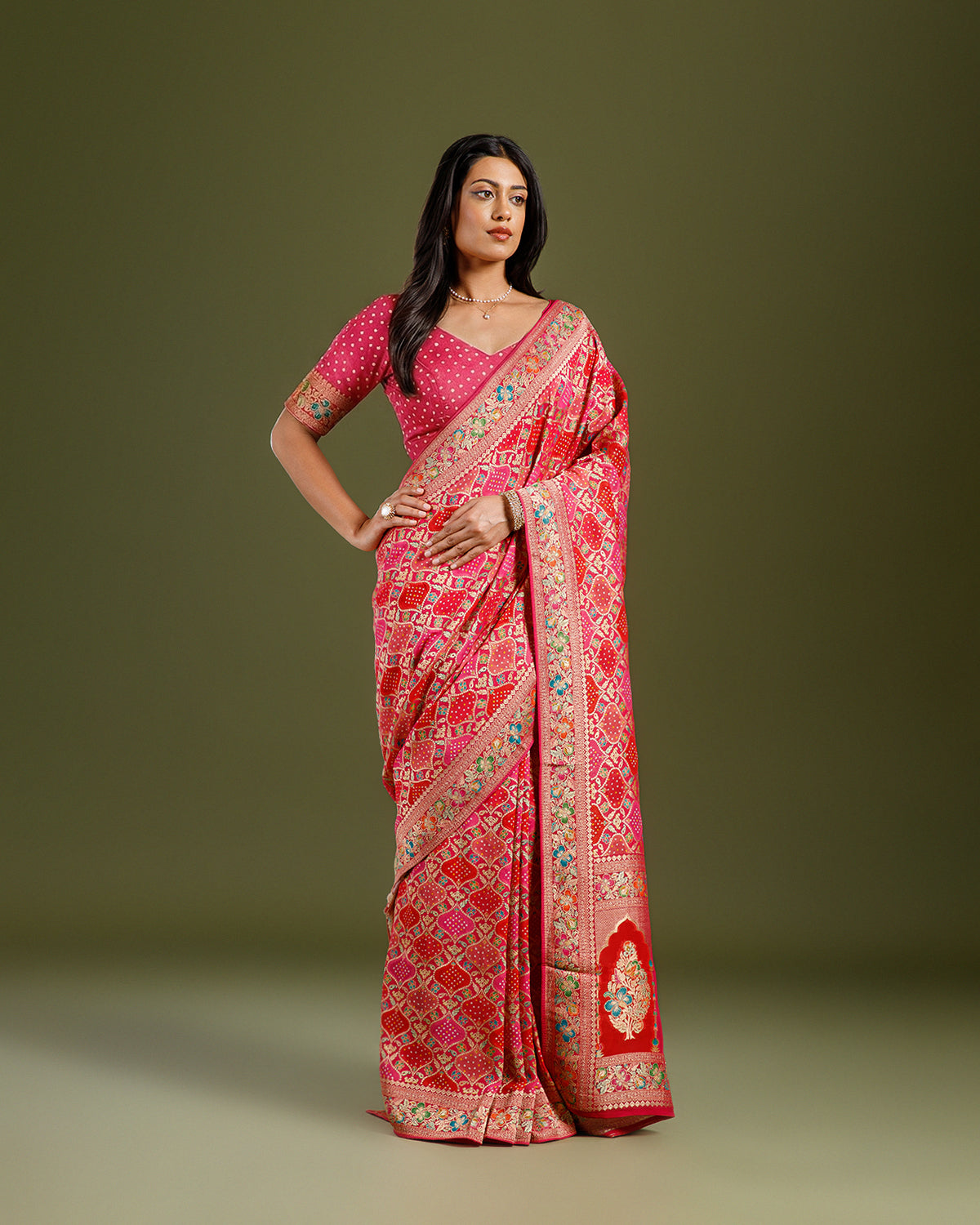 Rani Bandhej Khaddi Georgette Saree with Meenakari Weaving - House of Surya