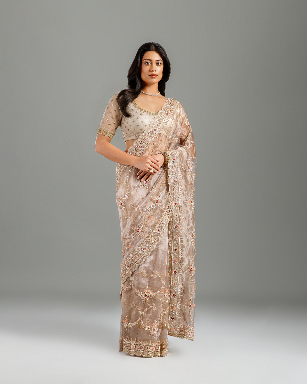 Golden Tissue Organza Saree with Cutdana & Sequence Work - House of Surya