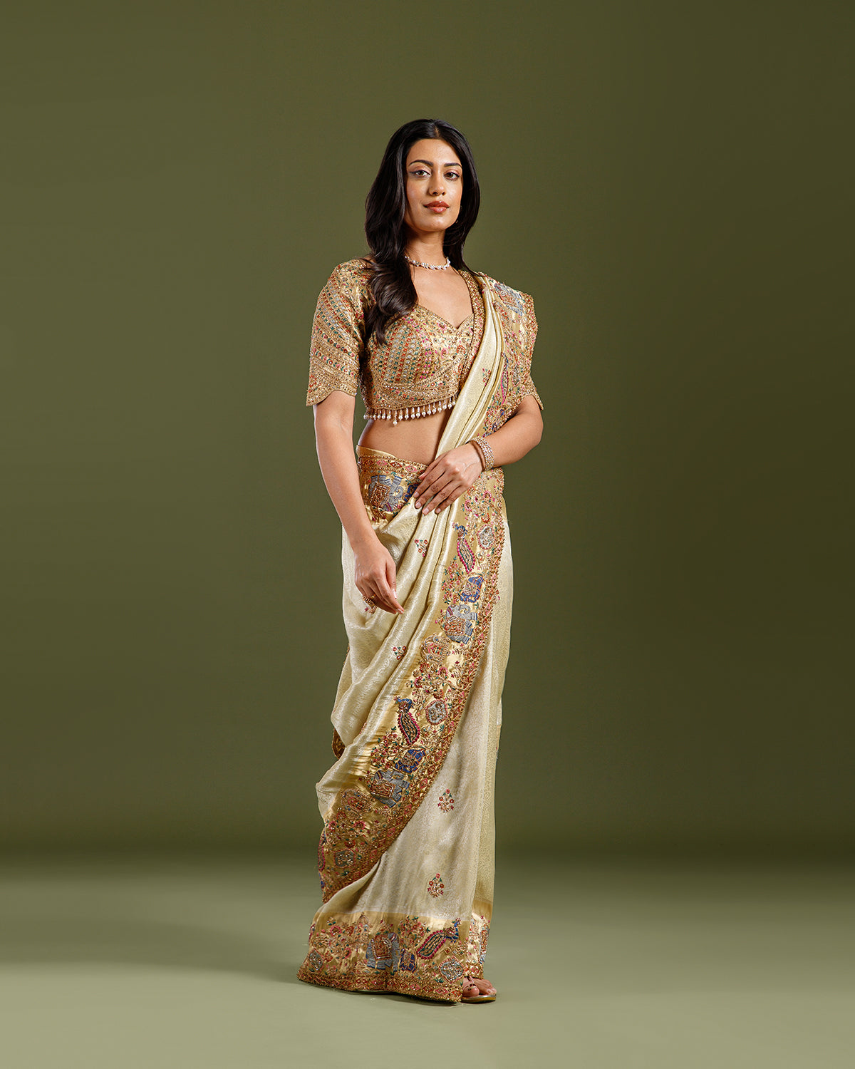 Golden Tissue Weave Saree with Resham, Zardozi, Cutdana & Embroidery Work - House of Surya