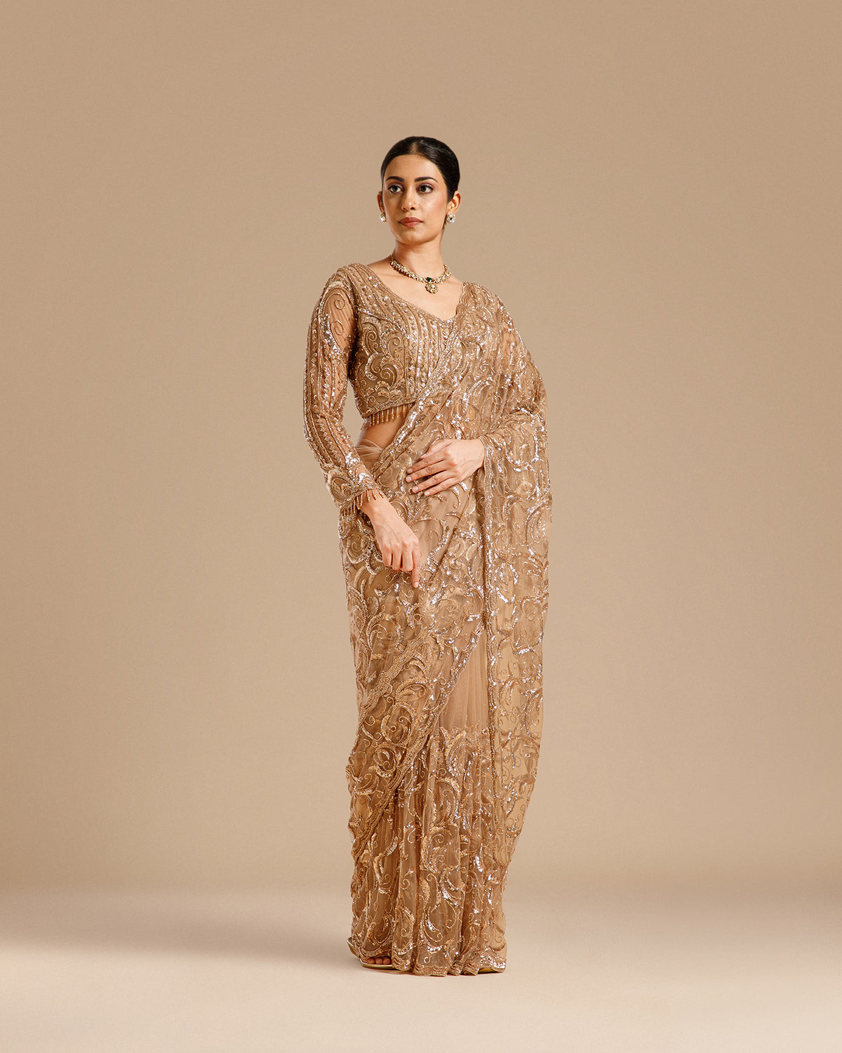 Beige Net Saree with Sequin & Cutdana Work