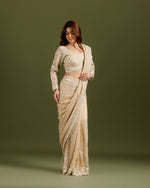 Ivory Net Saree with Sequence & Bead Work - House of Surya
