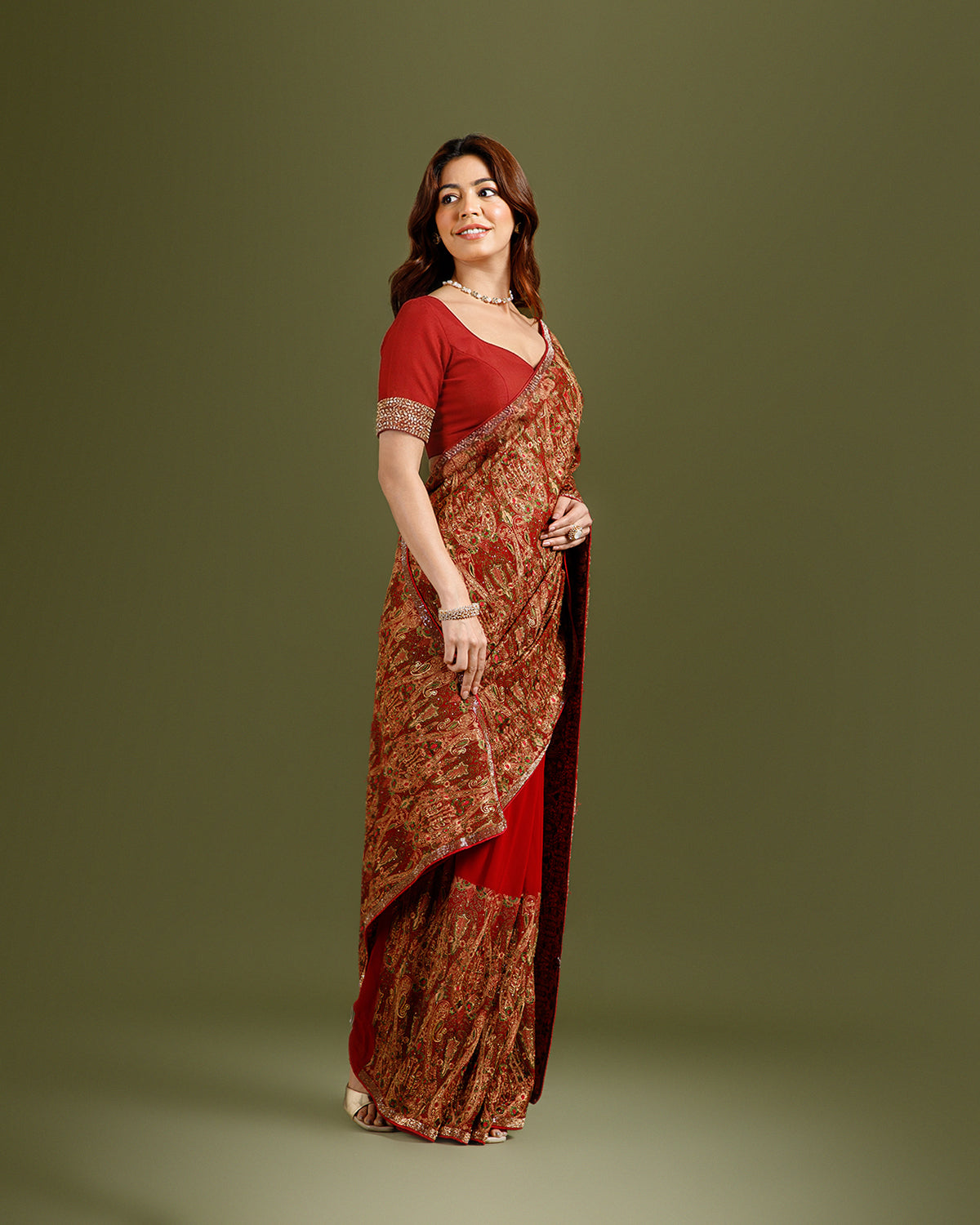 Rust Georgette Saree with Kashmiri Resham & Cutdana Work - House of Surya