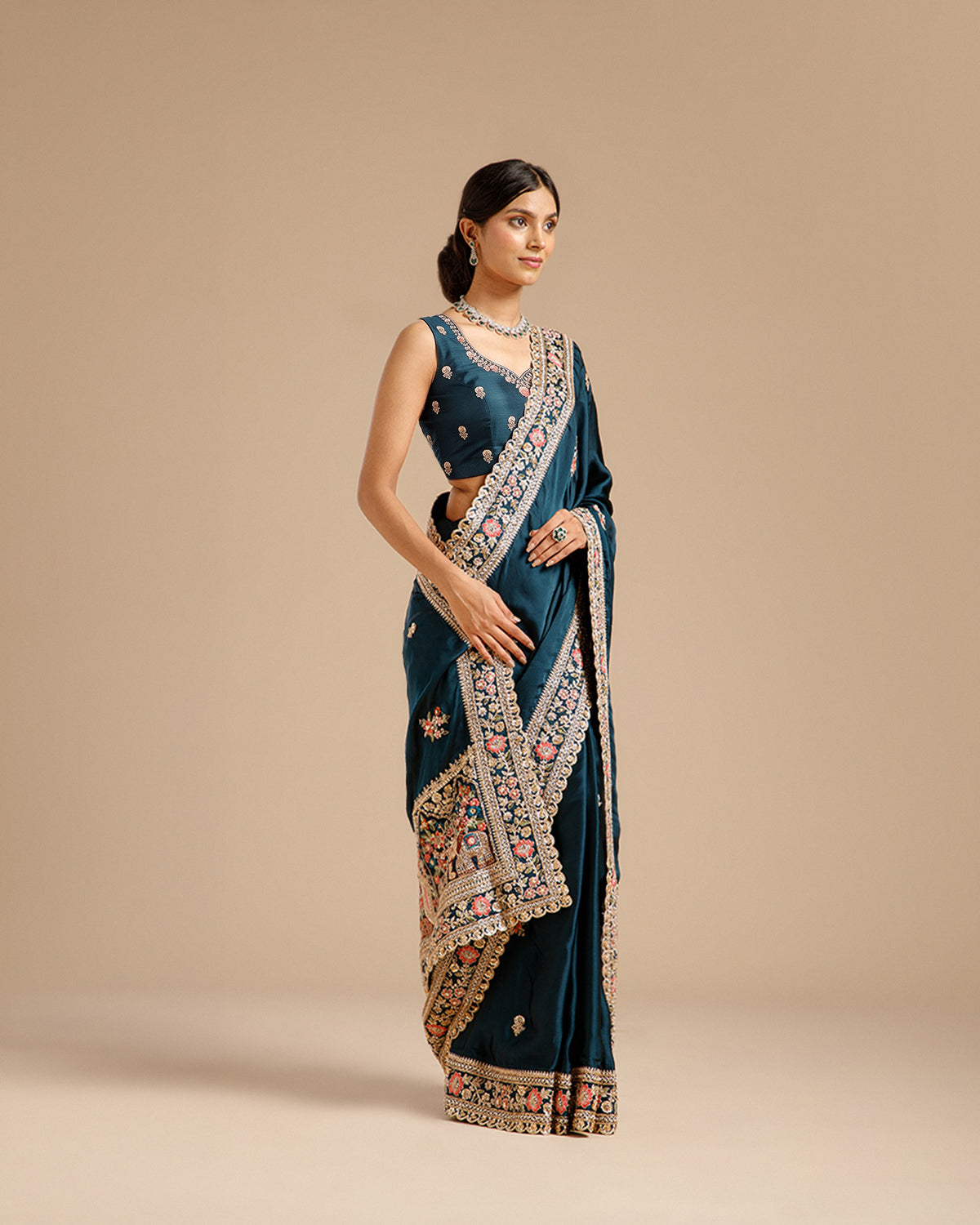 Peacock Blue Satin Organza Saree with Dabka, Sequin, Resham & Zari Work