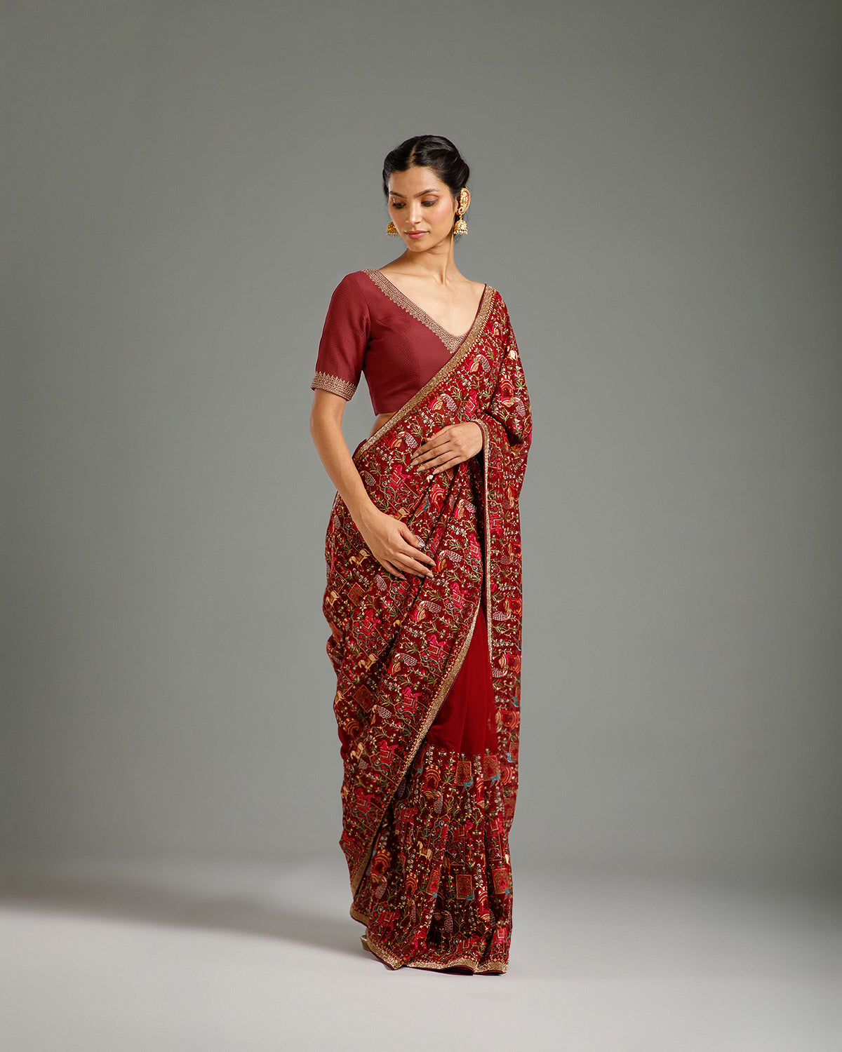 Wine Georgette Saree with Resham & Stone Work