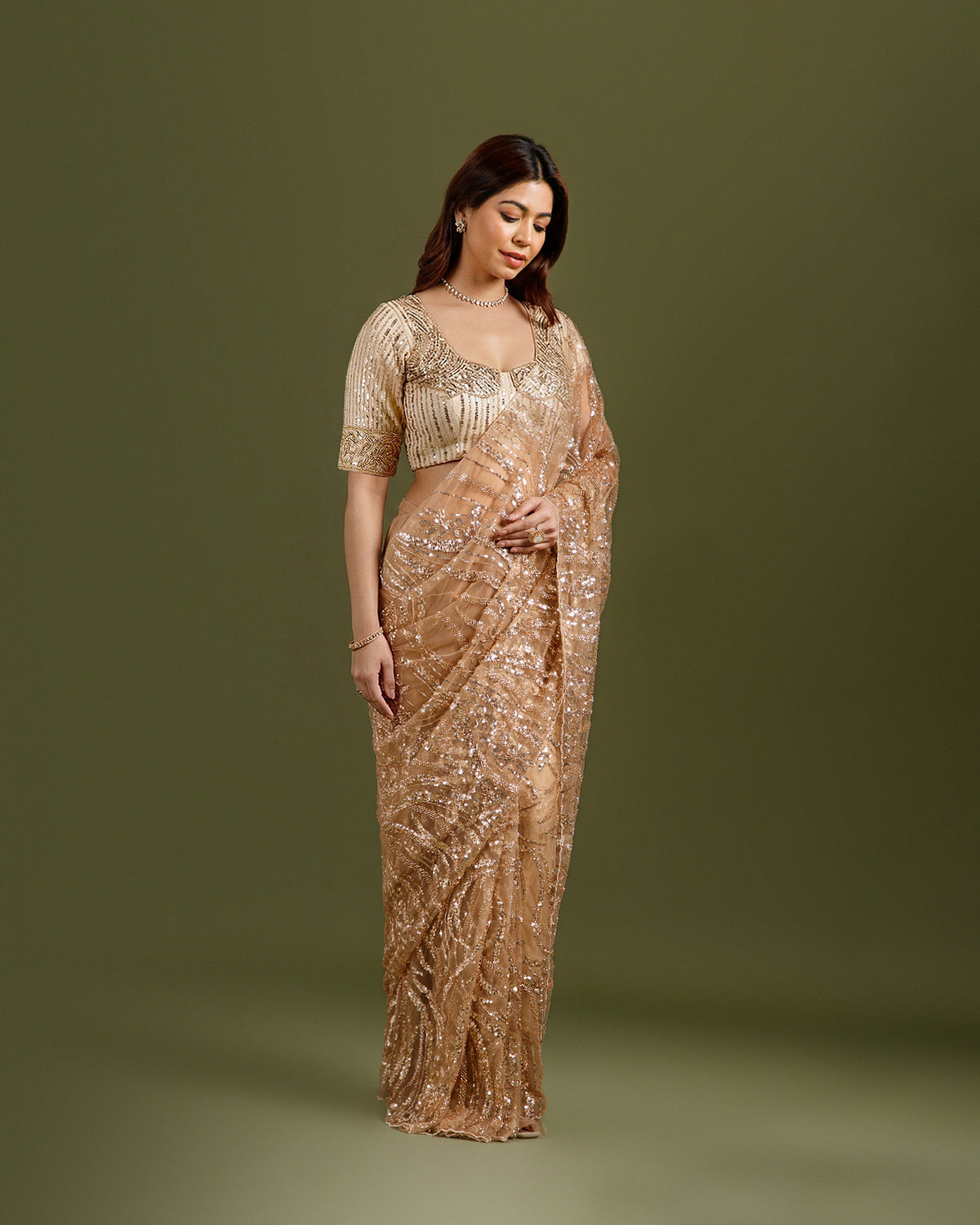 Golden Net Saree with Sequin & Bead Work - House of Surya