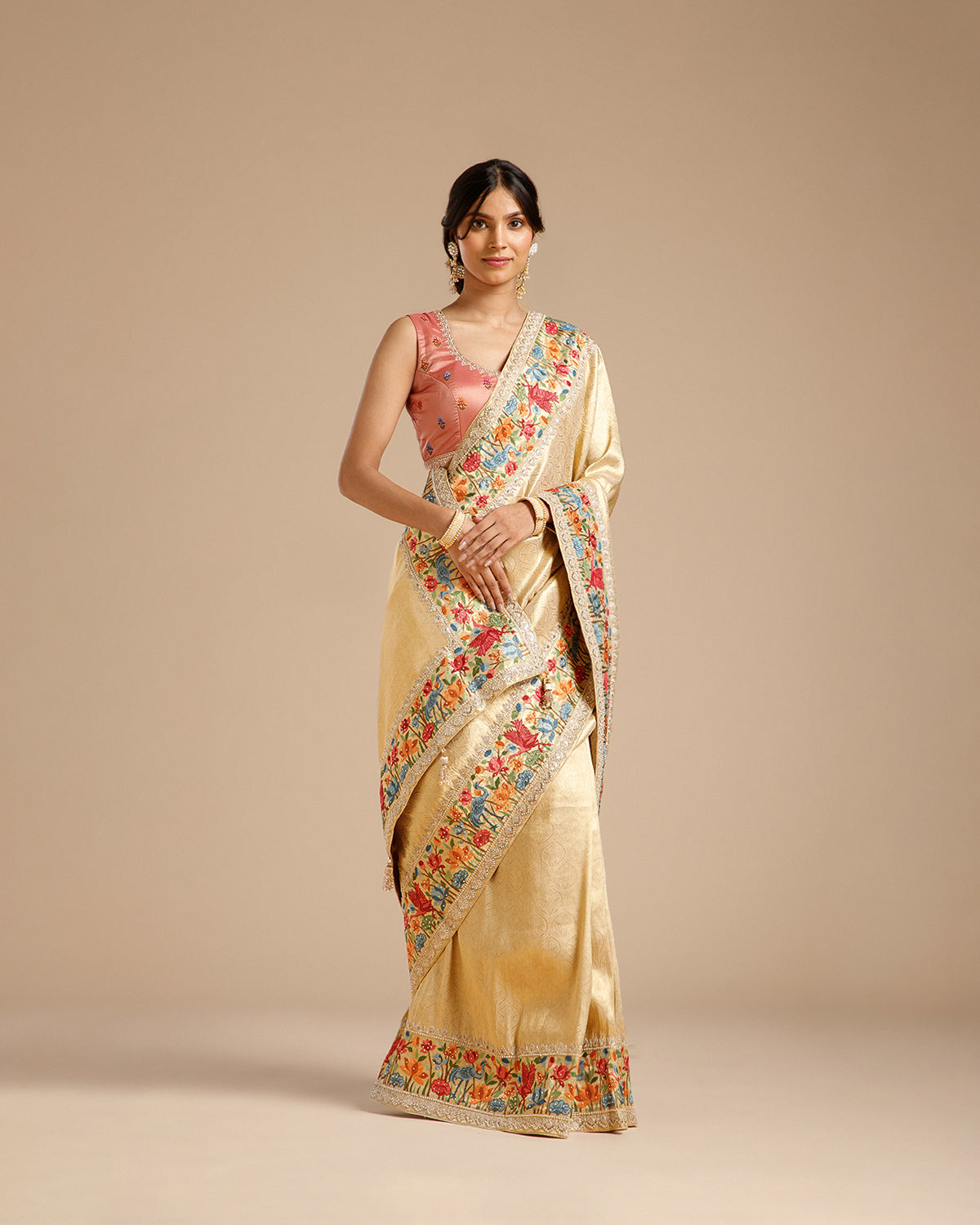 Beige Gold Tissue Silk Saree with Resham, Dori, Pearl & Sequin Work