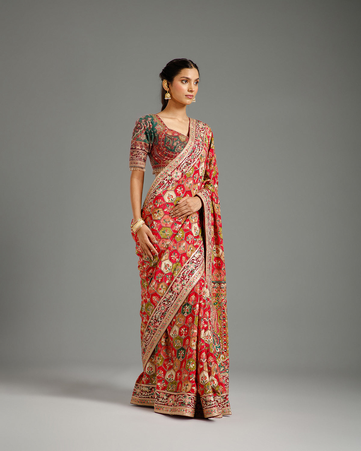 Multi Green Crape Silk Saree with Zari & Sequin Work