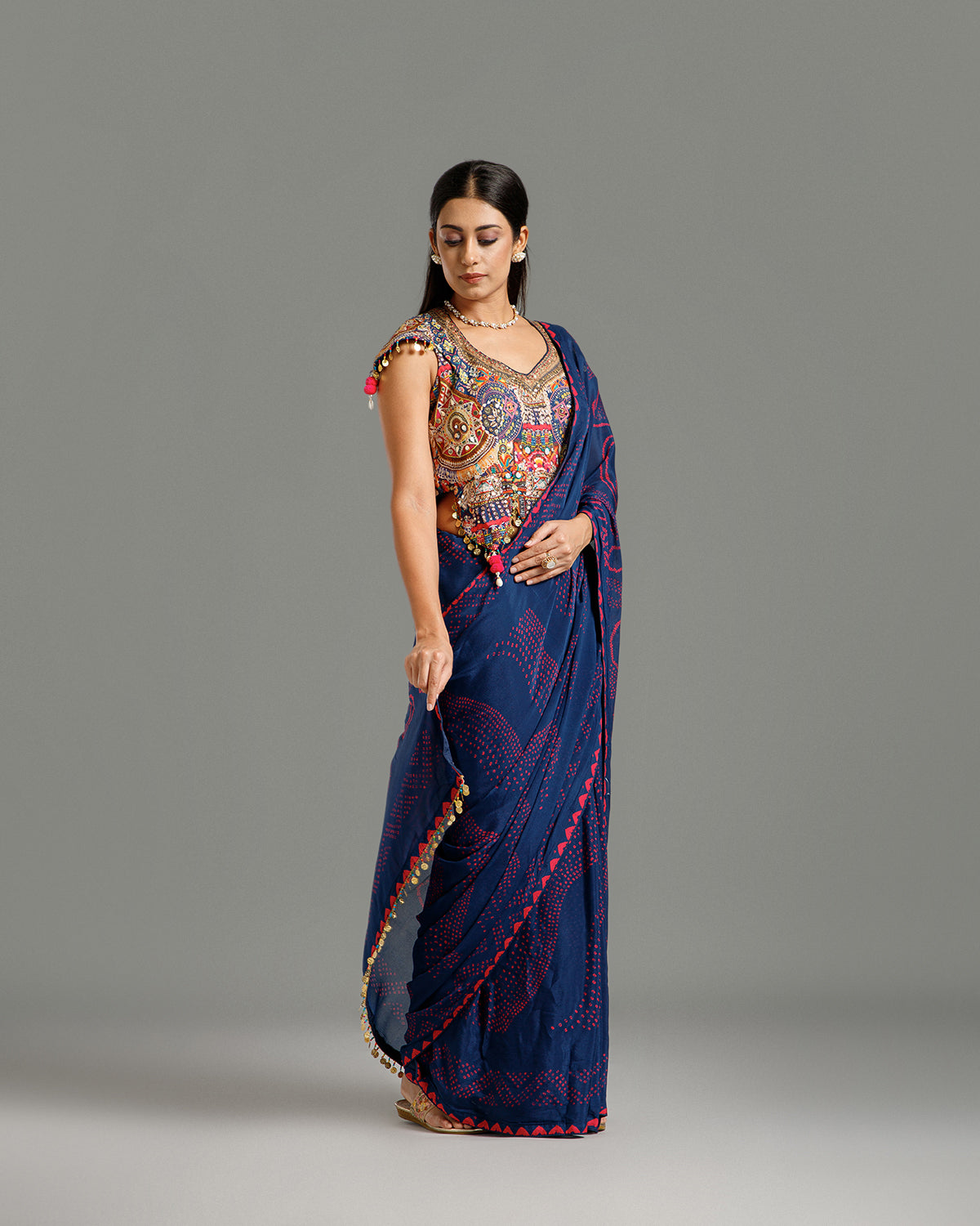 Blue Bandhej Print Chinon Crepe Saree