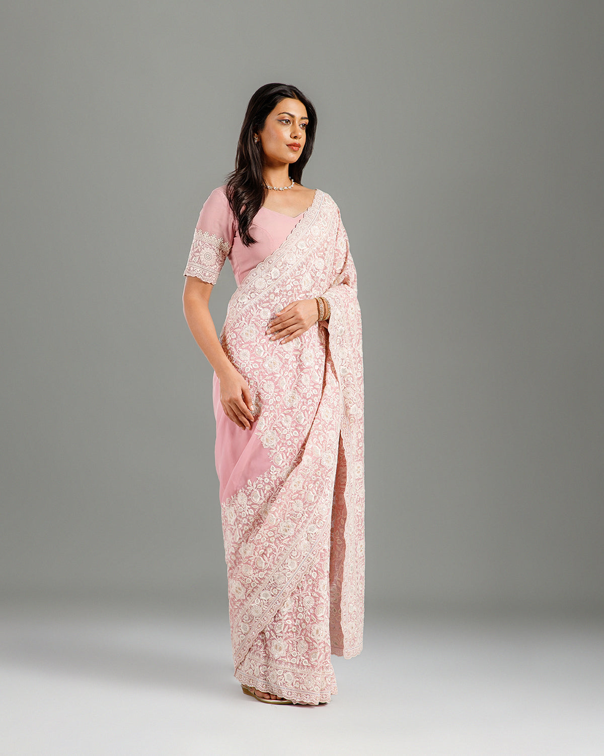 Pink Georgette Lucknowi Saree with Resham & Sequence Work