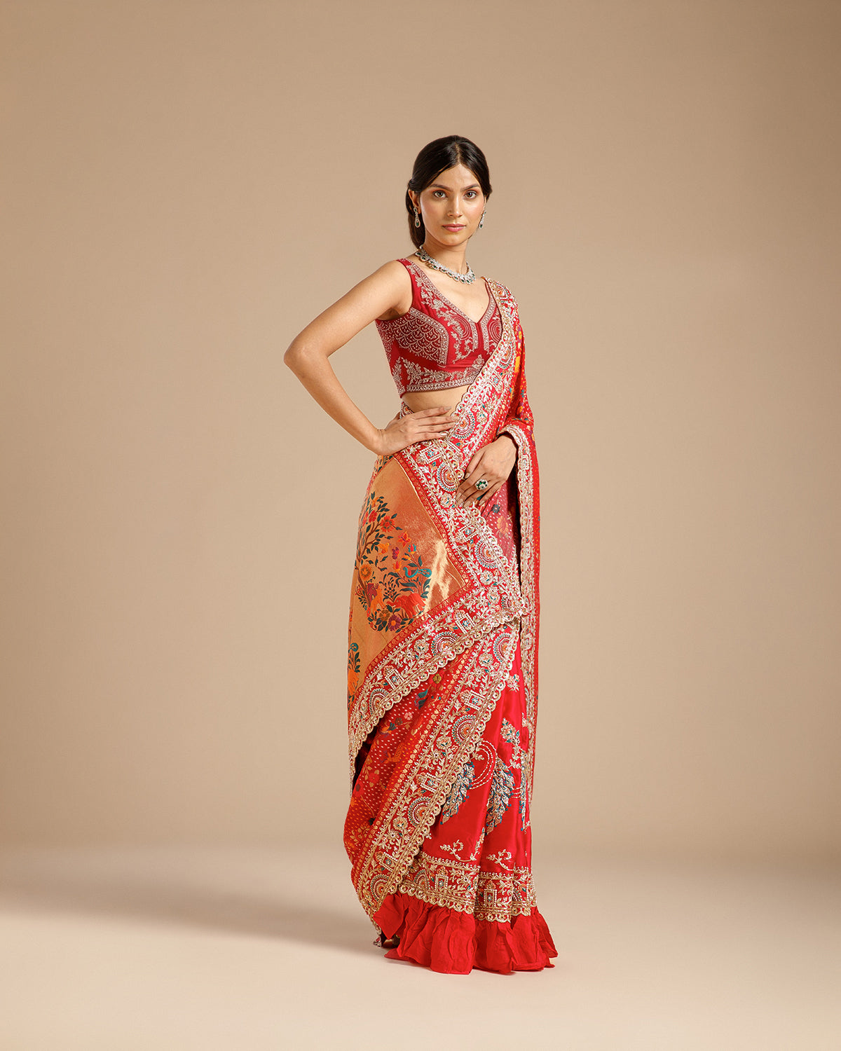 Rani Georgette Saree with Satin Organza, Beads, Nulki, Dori, Moti & Sequin Work