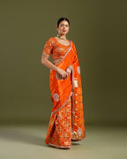 Rust Dola Silk Saree with Cutdana, Dabka & Beads Work - House of Surya