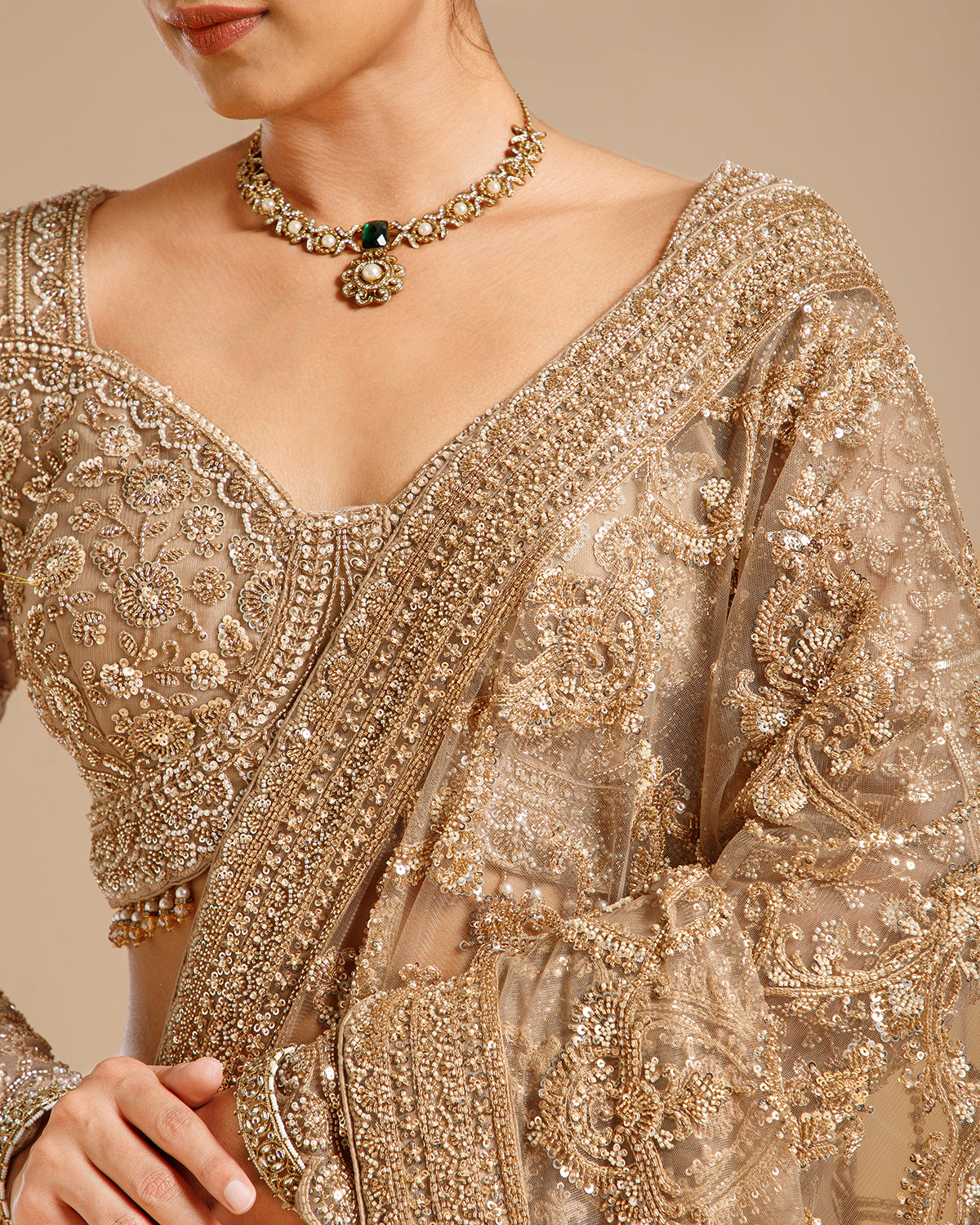 Chiku Net Saree with Nulki & Sequin Work