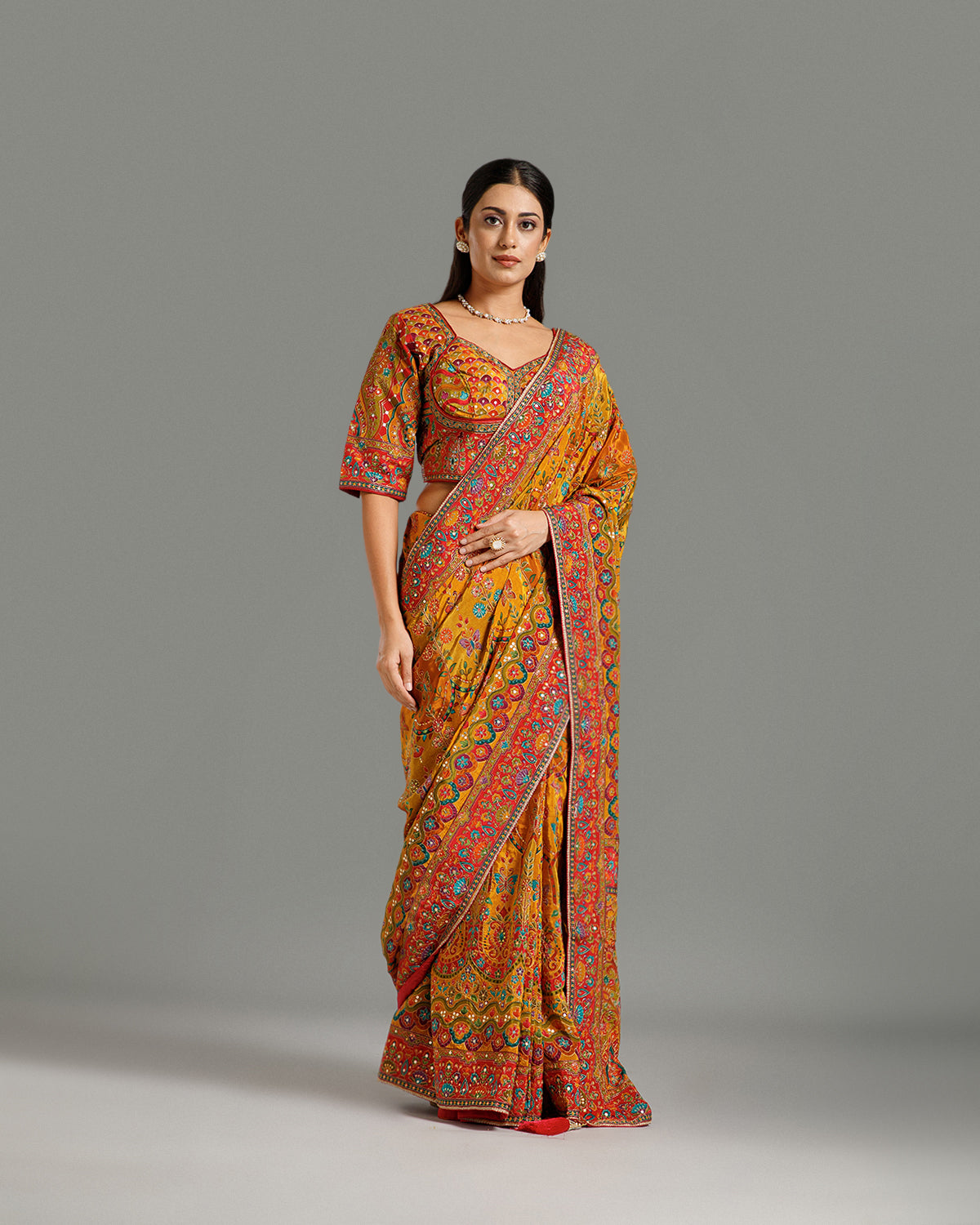 Multi Yellow Crape Silk Saree with Zari & Sequin Work