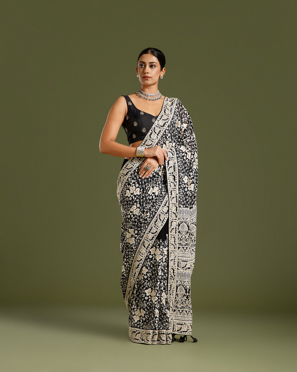 Black Georgette Saree with Sequin, Dabka, Cutdana & Resham Work