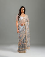  Grey Tissue Organza Saree,Organza Saree with Elegant Beads Work - House of Surya