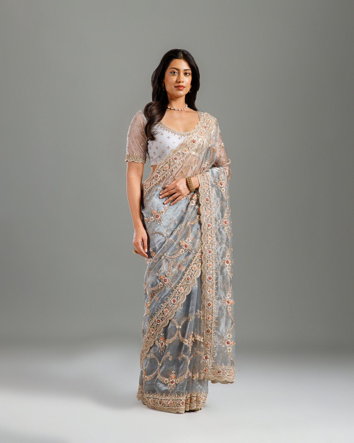  Grey Tissue Organza Saree,Organza Saree with Elegant Beads Work - House of Surya