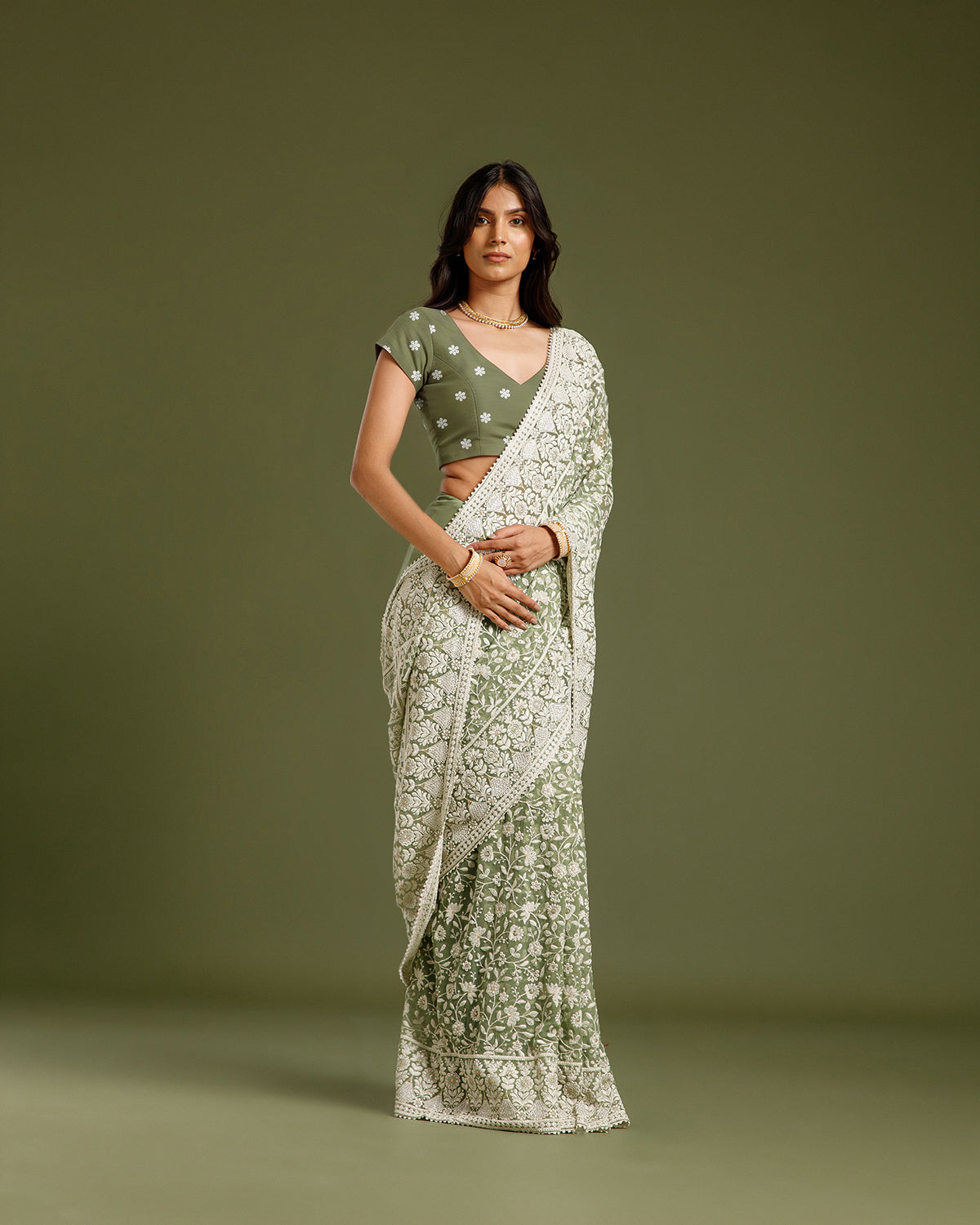 Pista Green Georgette Saree with Resham, Zari & Sequin Work