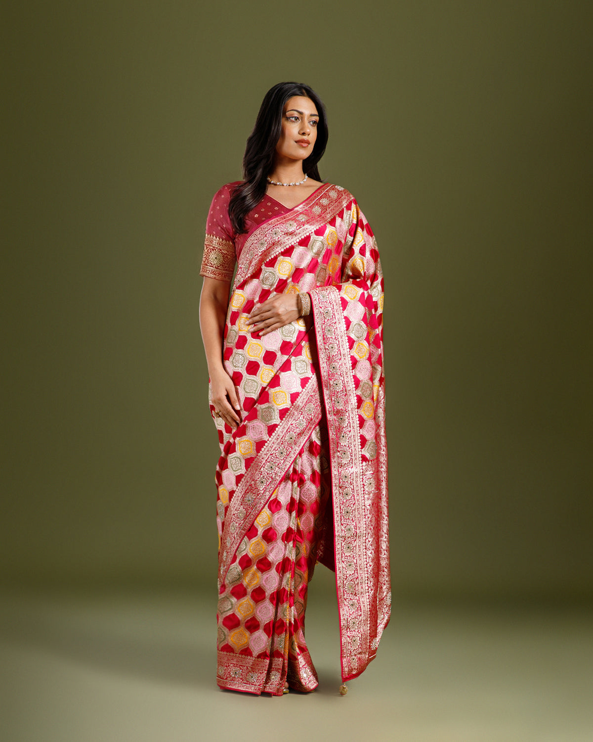 Rani Crepe Silk Saree with Vibrant Multicolor Weave