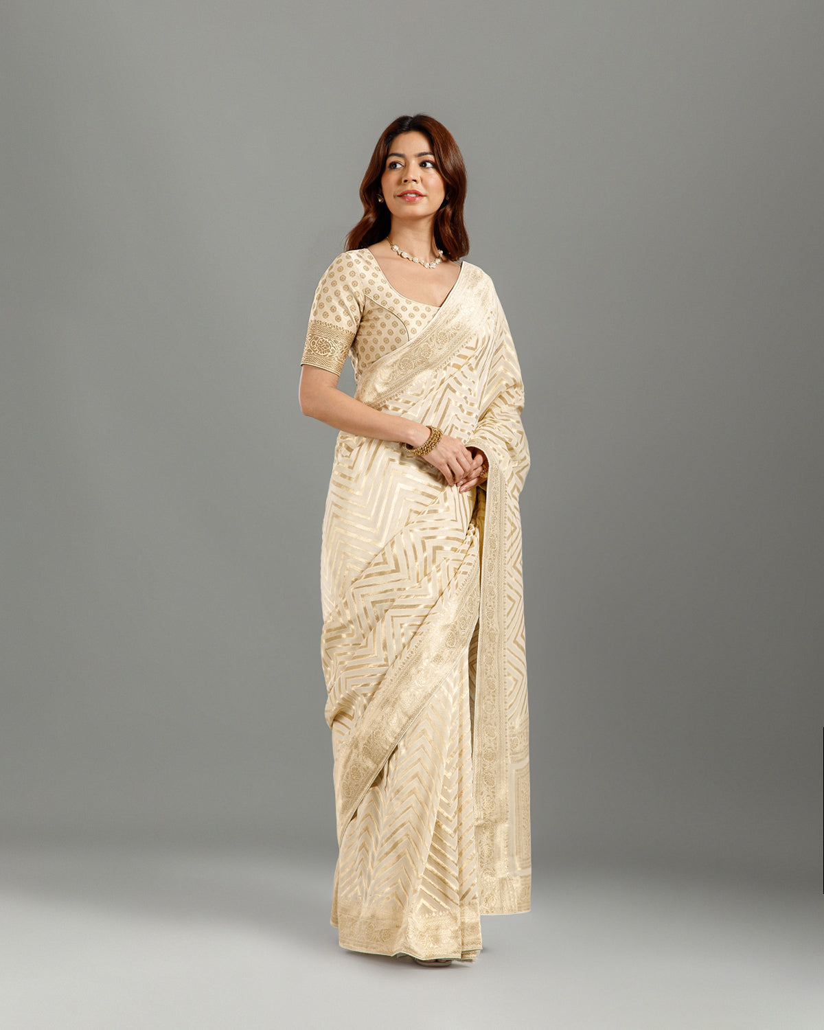 Off White Khaddi Georgette Saree with Zari Weave - House of Surya