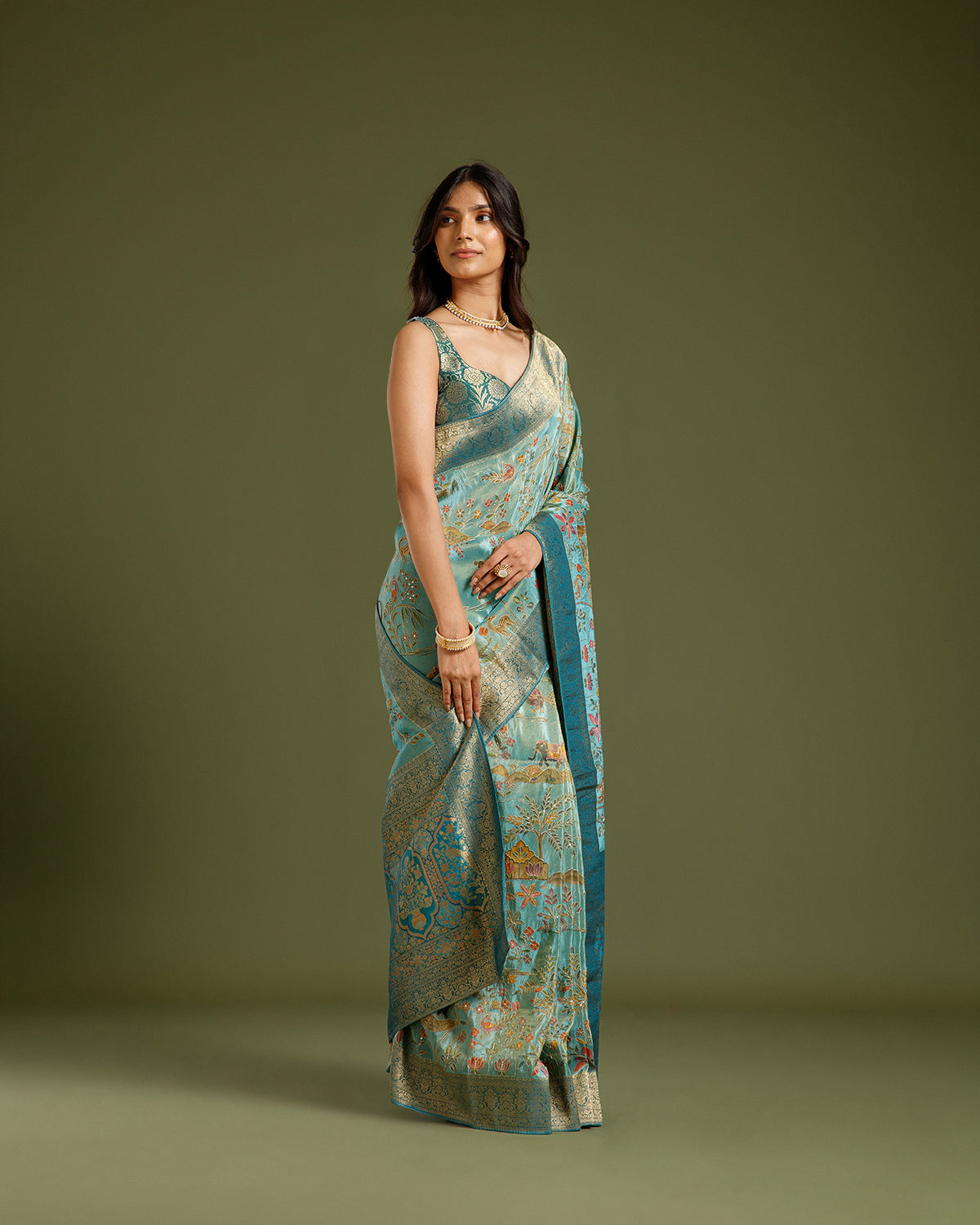Pista Green Georgette Saree with Zari, Sequin & Zari Weaving