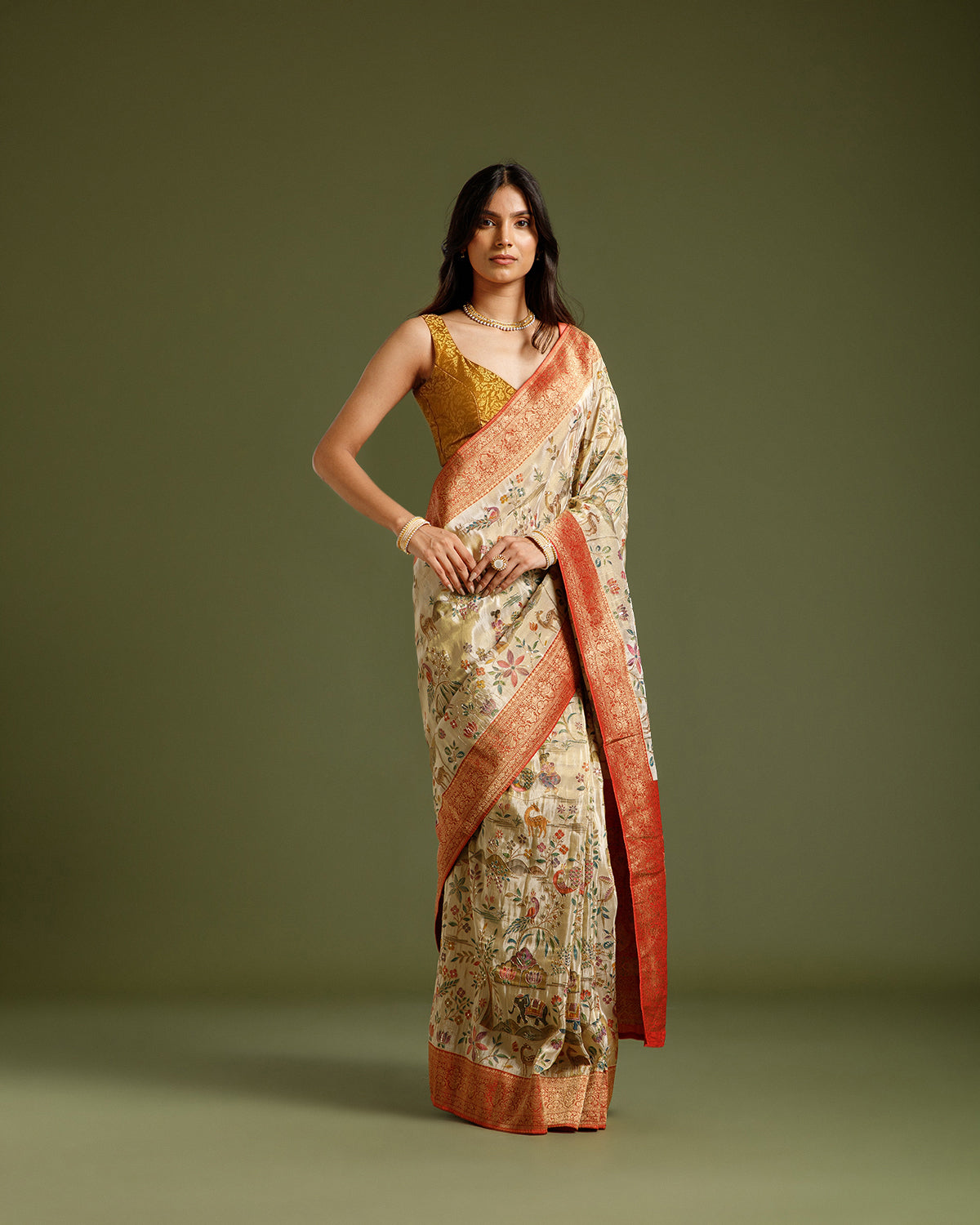 Beige Gold Tissue Silk Saree with Zari, Sequin & Zari Weaving