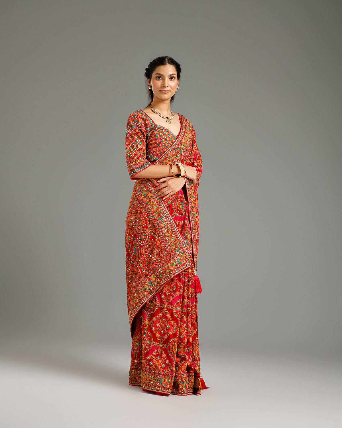 Multi Red Chinon Saree with Resham & Foil Work