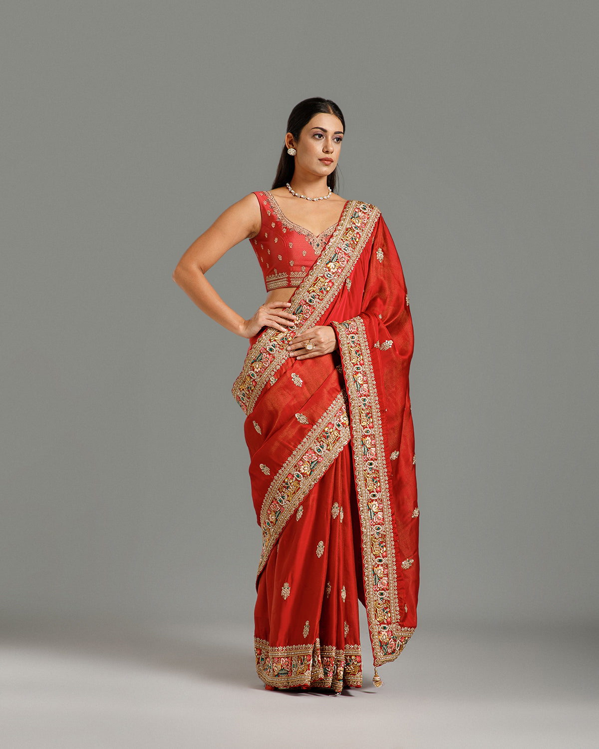 Maroon Satin Organza Saree with Resham, Beads, Sequin & Pearl Work