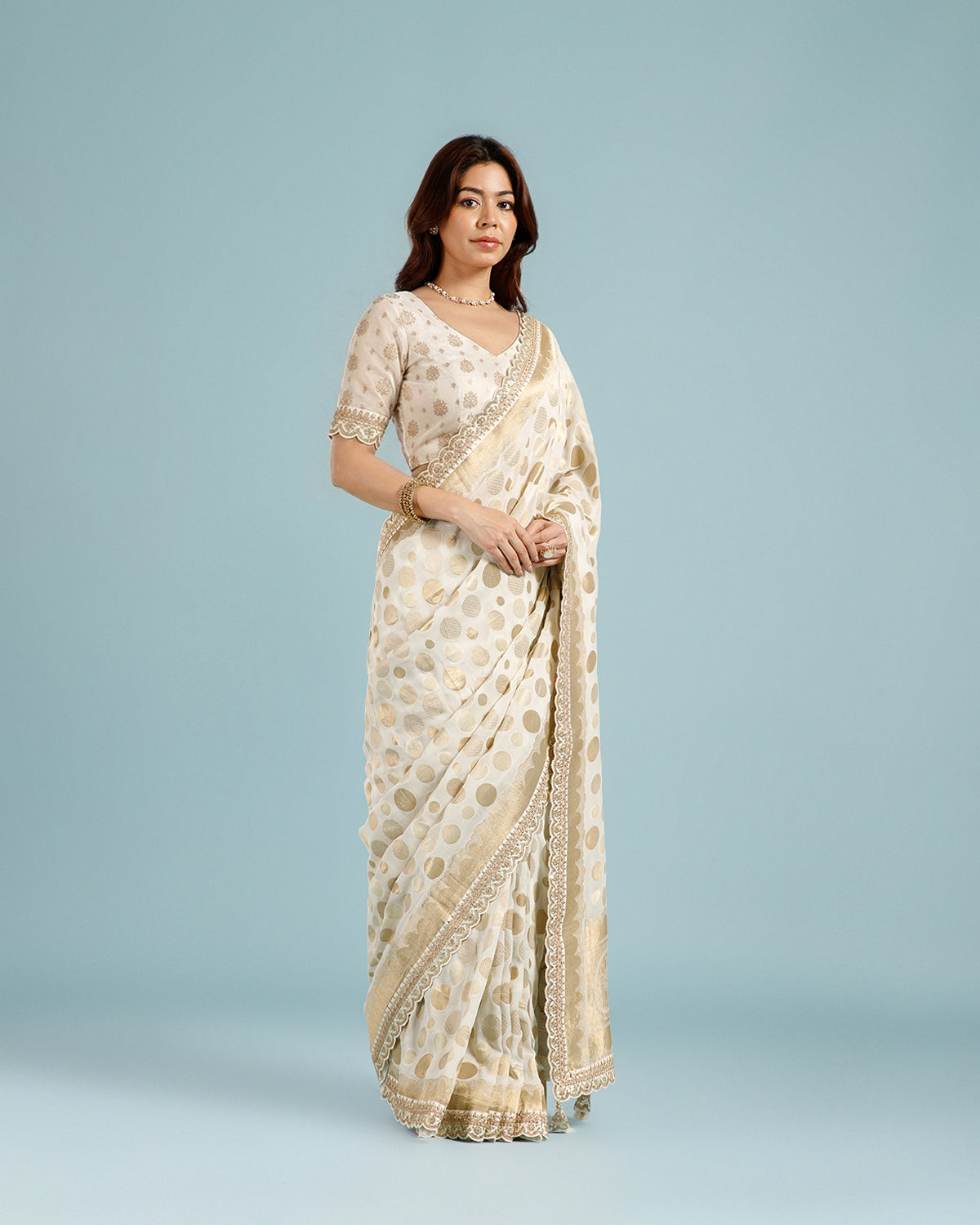 White Party Wear Khaddi Georgette Saree with Sequence Work for Women - House of Surya