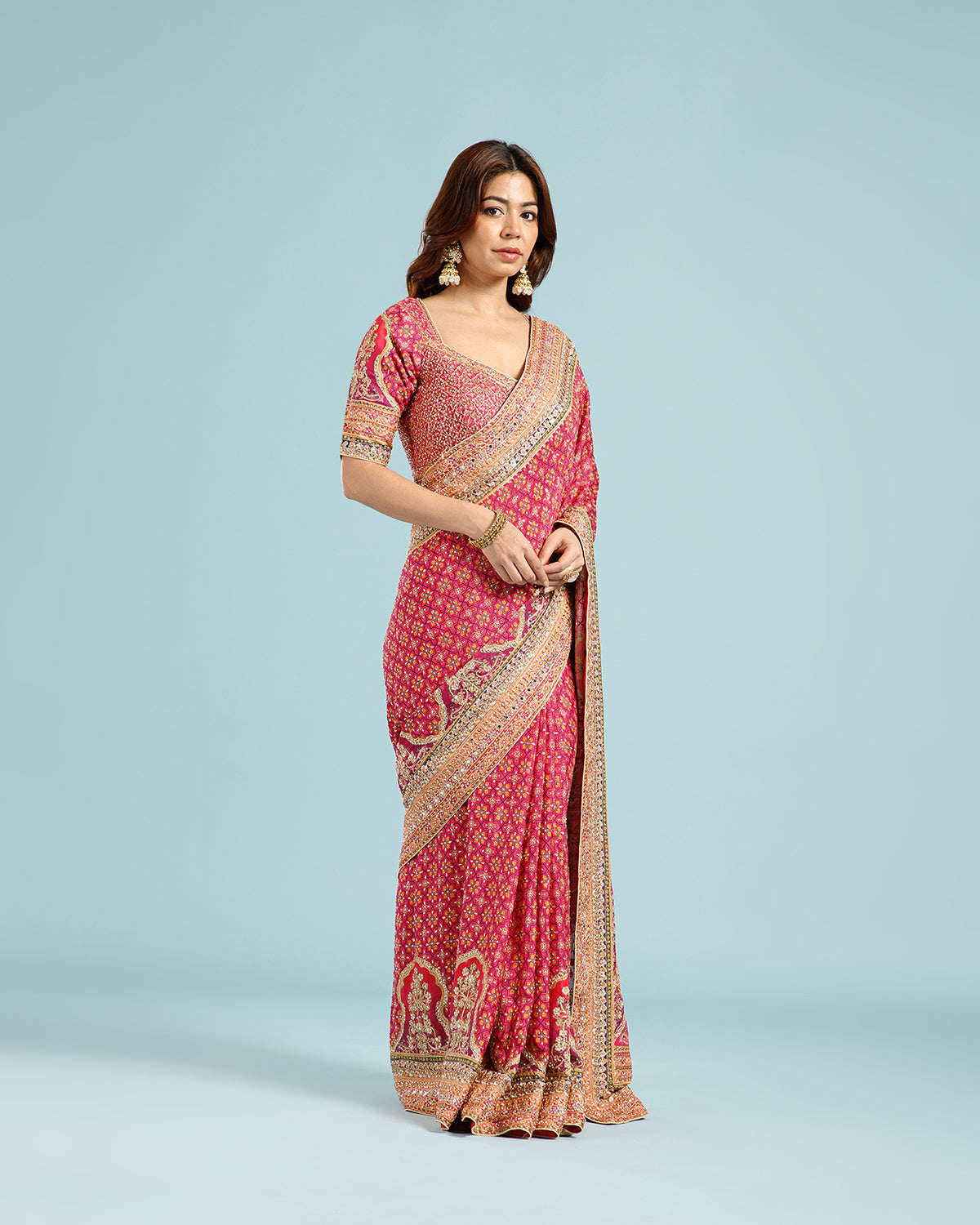Wine Printed Crepe Silk Saree with Sequence, Cutdana & Aari Work