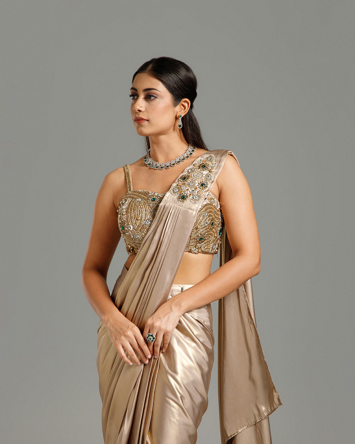 Golden Lycra Saree with Cutdana Work