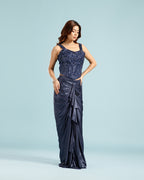 Navy Blue Crepe Drape Saree with Hand Work - House of Surya