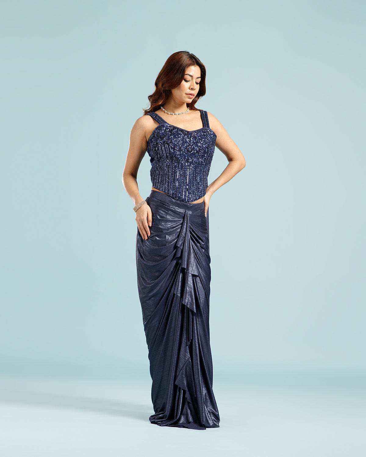 Navy Blue Crepe Drape Saree with Hand Work - House of Surya