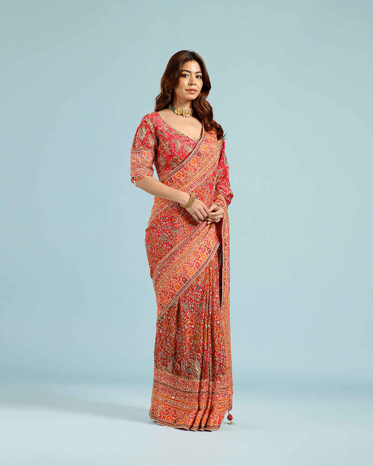 Wine Satin Silk Saree with Multicolor Sequence & Zari Work