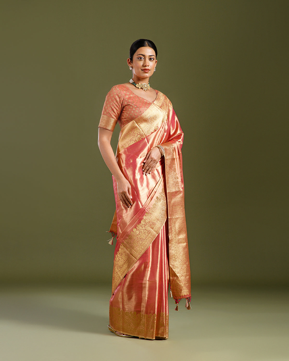 Gajari Tissue Kanjivaram Saree with Rich Zari Weave - House of Surya