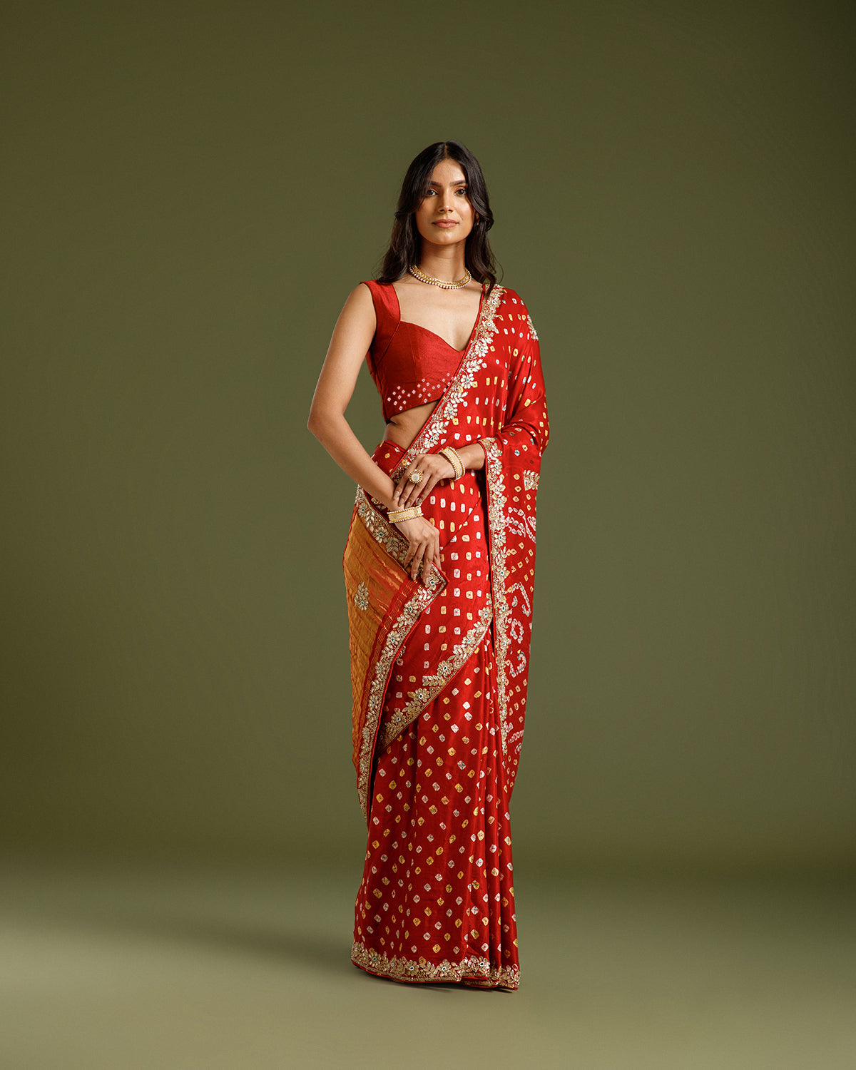 Maroon Satin Crepe Saree with Nulki, Gota Patti, Kundan & Moti Work