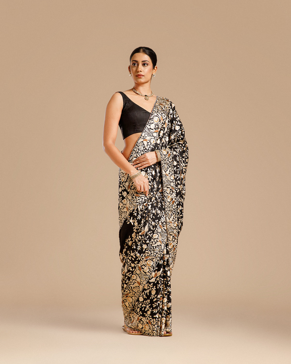 Black Organza Silk Saree with Parsi Resham Work