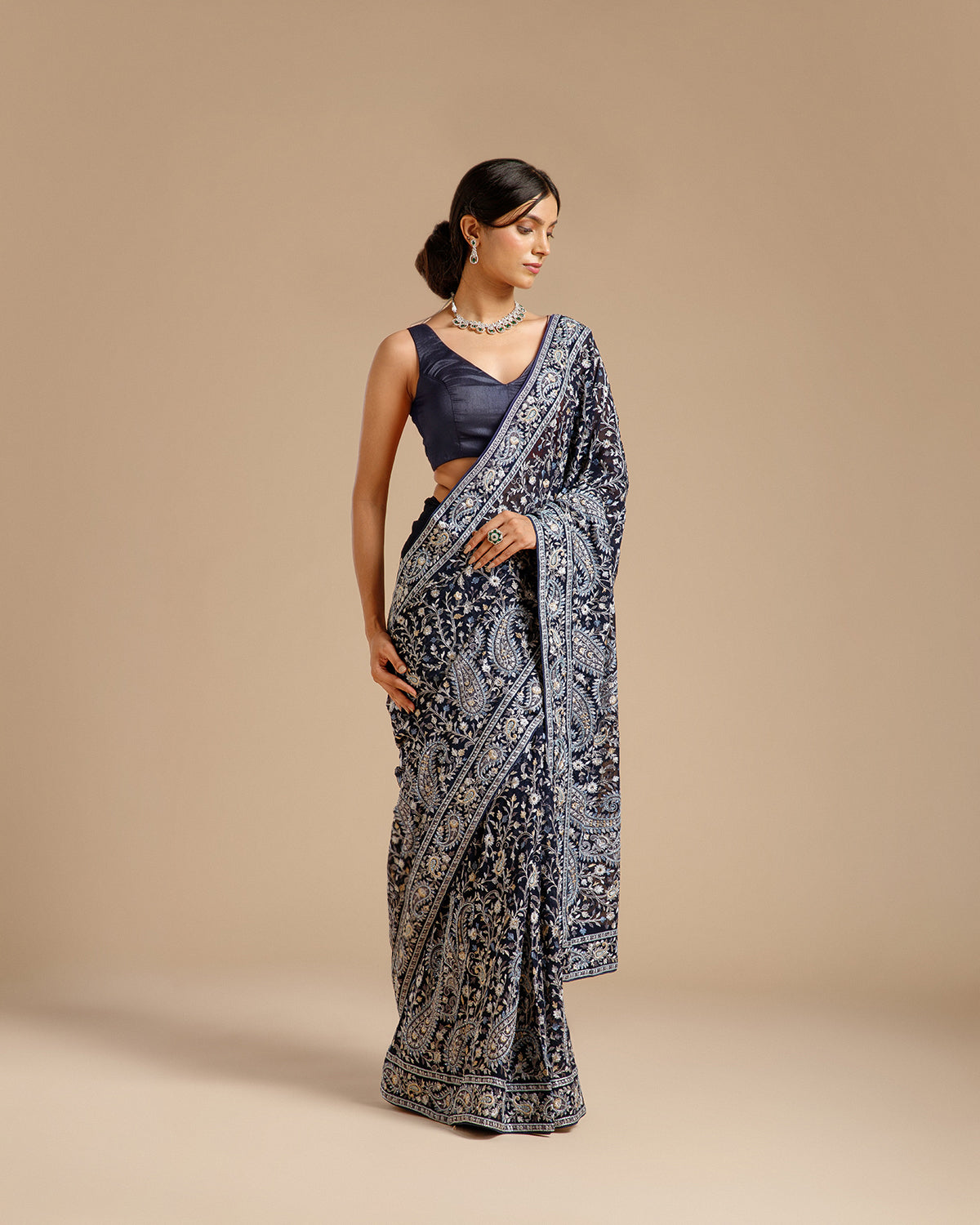 Navy Blue Georgette Saree with Resham & Nulki Work