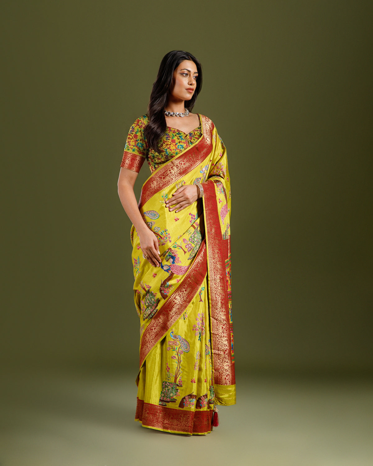 Lemon Yellow Dola Silk Saree with Zari Sequence Work - House of Surya