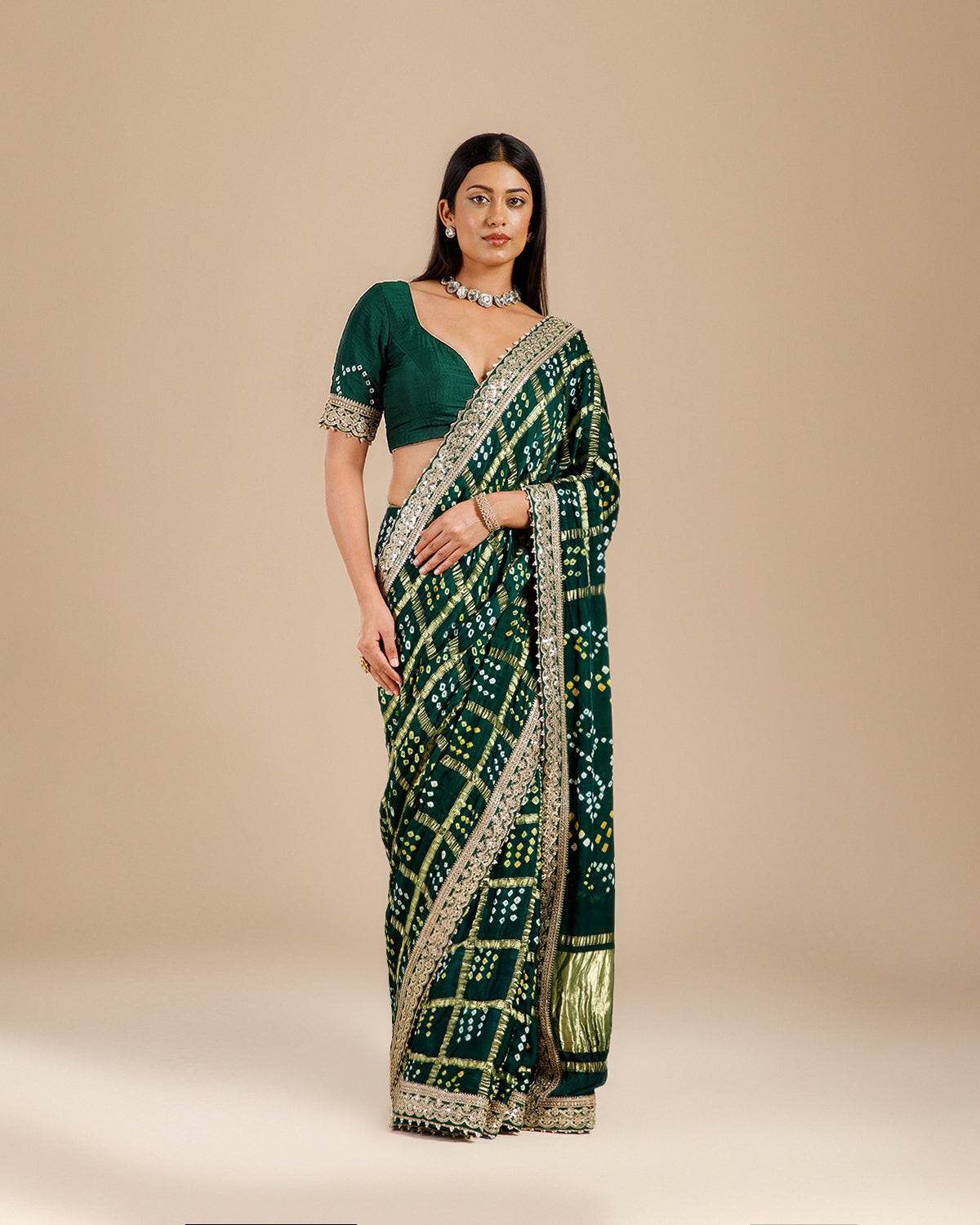 Green Satin Gajji Silk Gharchola Saree with Sequence Work - House of Surya