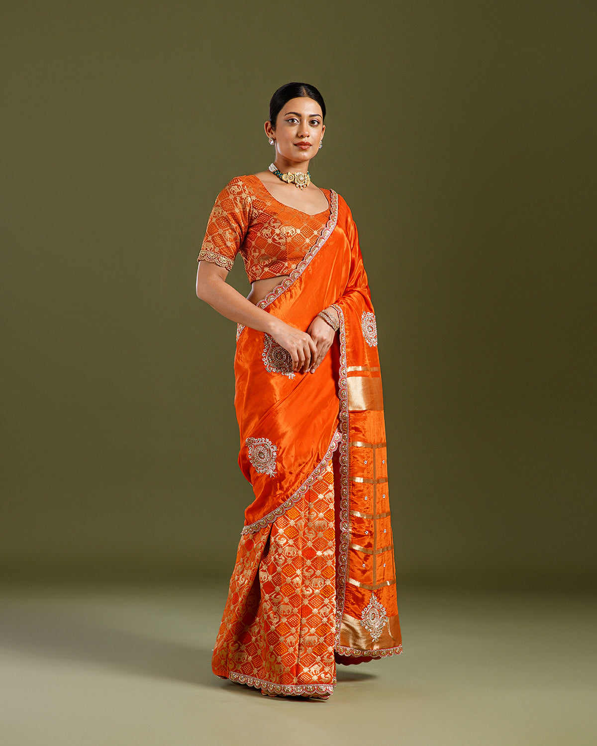 Rust Crepe Silk Gharchola Saree with Cutdana, Dabka & Beads Work