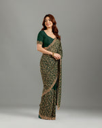 Bottle Green Georgette Saree ,Kashmiri Work Georgette Sarees  - House of Surya