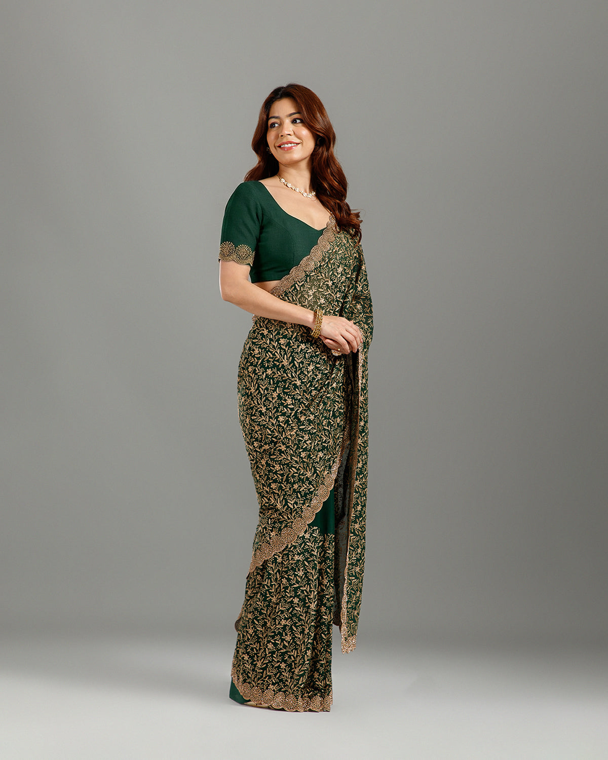 Bottle Green Georgette Saree with Resham & Sequence Work - House of Surya