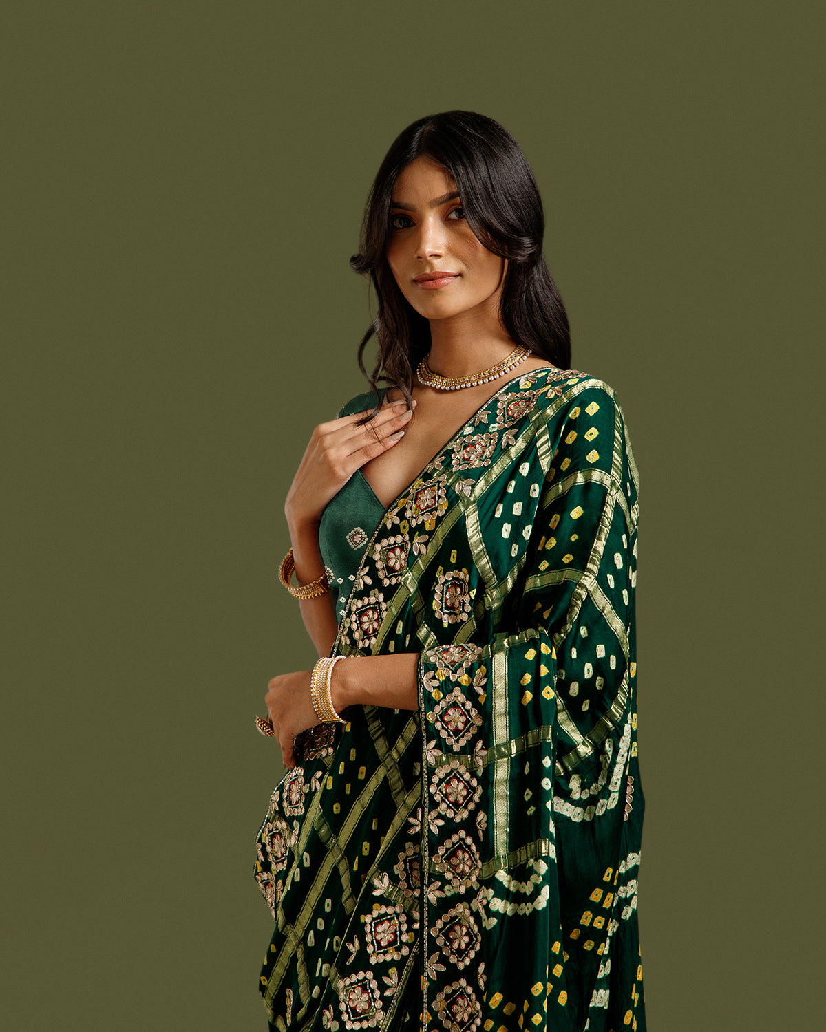 Bottle Green Satin Crepe Saree with Zari & Sequin Work - House of Surya