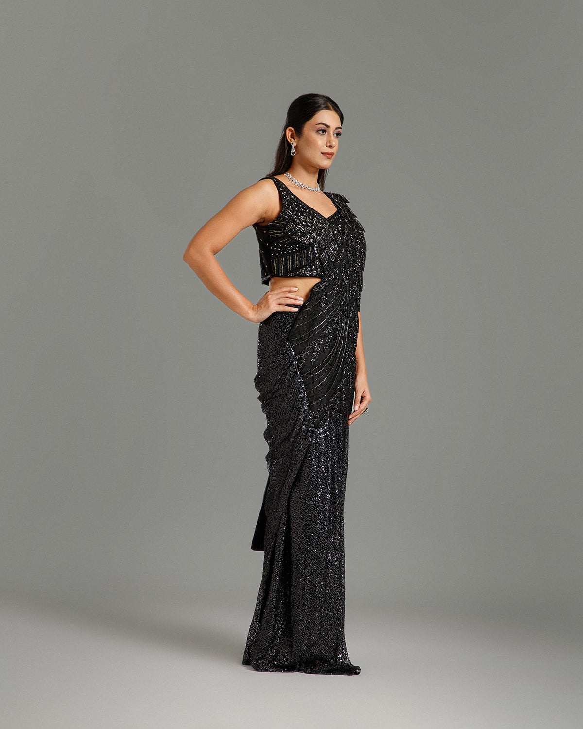 Black Sandley Saree with Beads, Nulki & Sequin Work